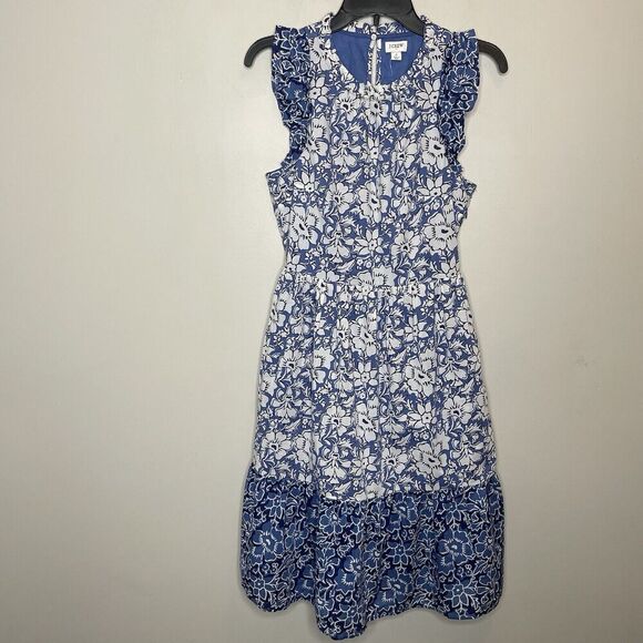 J.CREW Dress Women 2 Blue Floral Above Knee NEW Ruffle Trim Pockets CA214 - Picture 1 of 15